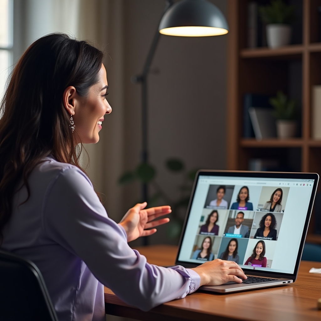 Formadora impartiendo una sesión online por videollamada desde un despacho con buena iluminación