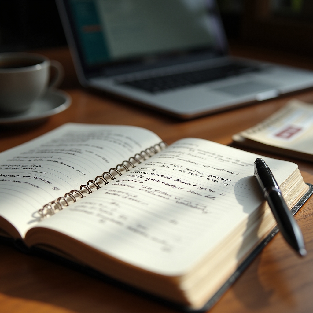 Cuaderno con notas manuscritas y correcciones sobre la redacción de un correo profesional